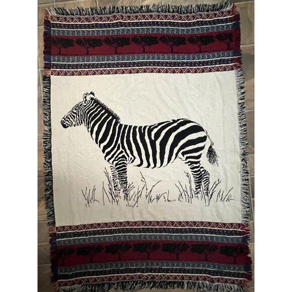 Zebra Woven Throw Blanket With Fringe 66" x 46" Safari Reversible Soft Burgundy - Picture 8 of 8